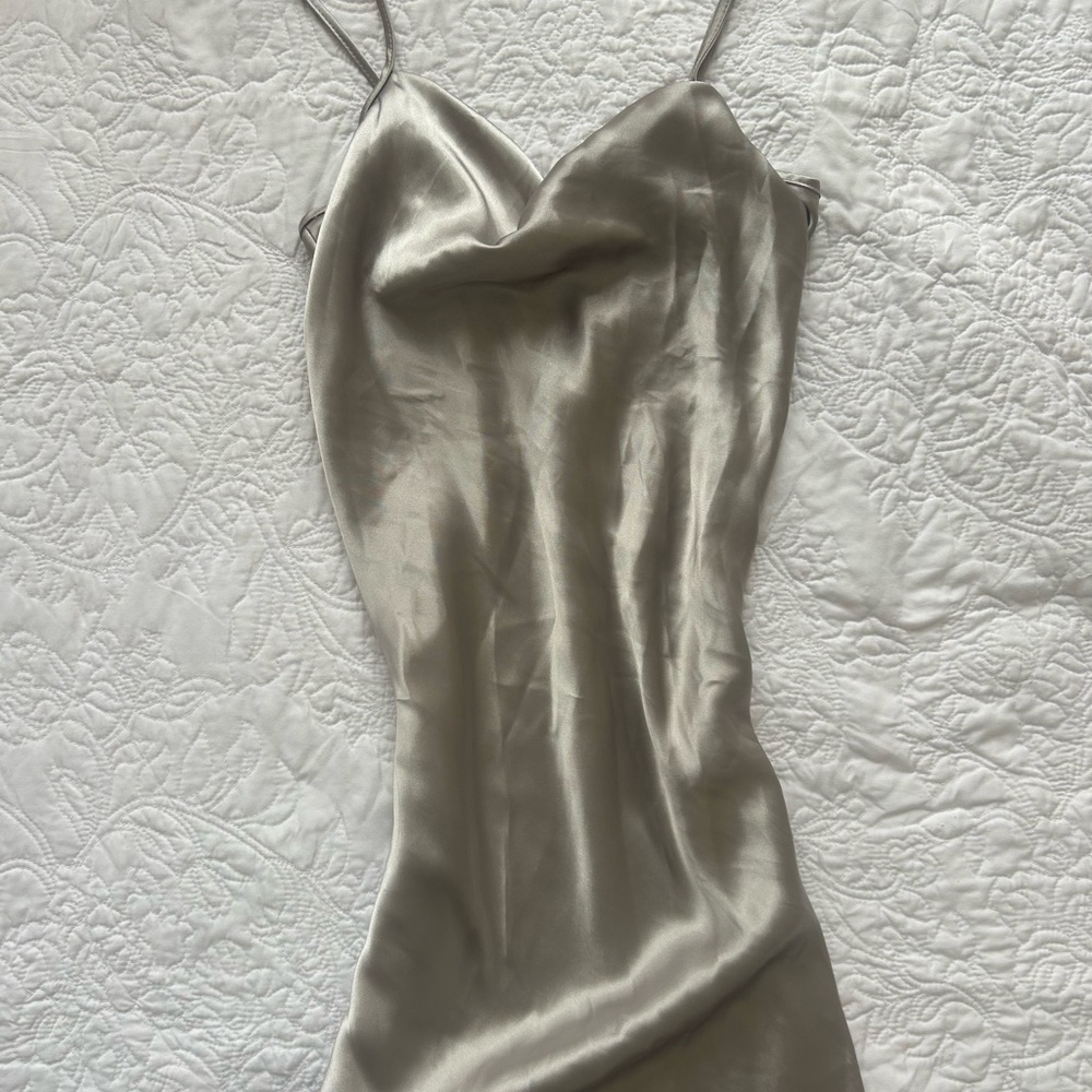bebe Shimmery Light Silver Satin Slip Dress